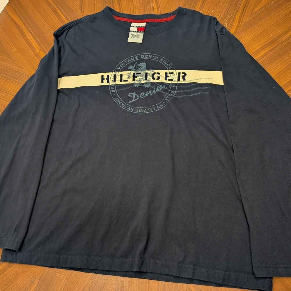 Tommy Jeans T-Shirt Mens Navy Blue Excellent Long Sleeve Graphic M RN 77806